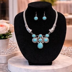 Turquoise Statement Necklace & Earring Set Silver Tone Boho Festive Western Wear